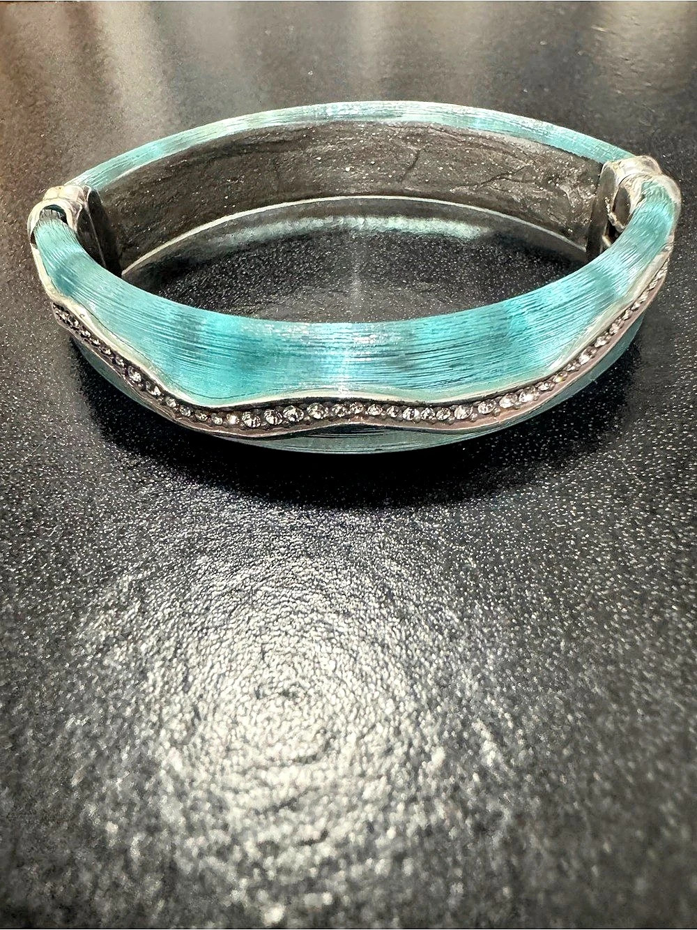 Brighton Teal Blue Enamel Crystal Hinged Bangle Bracelet Silver Tone